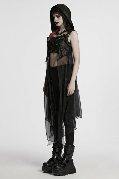 Black Sleeveless Hooded Mesh Women's Punk Harness Vest