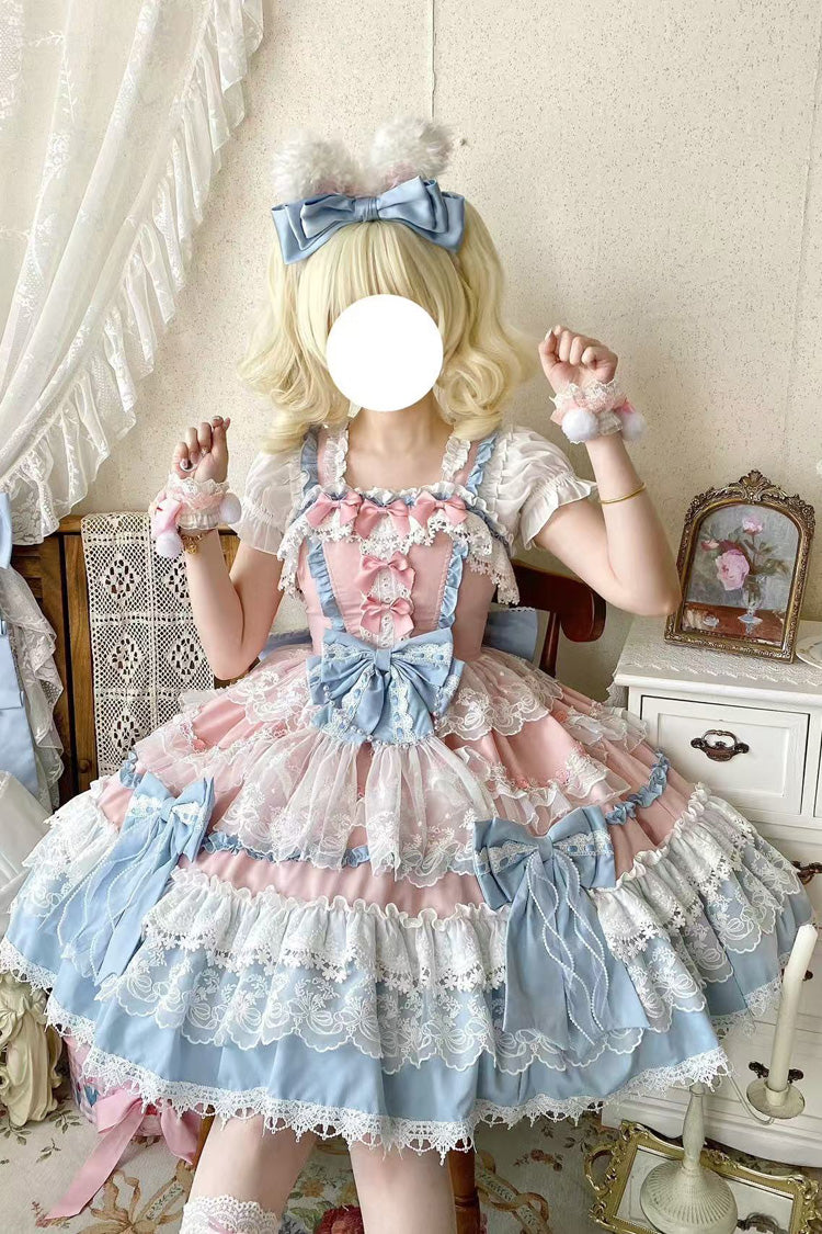 Blue Sleeveless Multi-Layered Ruffle Bowknot Lace Sweet Gorgeous Lolita Doll Jsk Dress