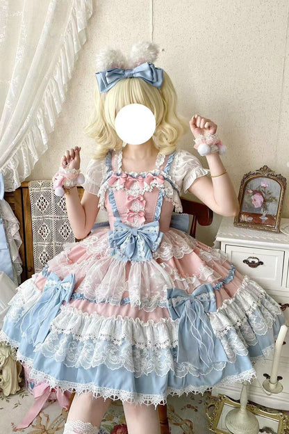 Blue Sleeveless Multi-Layered Ruffle Bowknot Lace Sweet Gorgeous Lolita Doll Jsk Dress