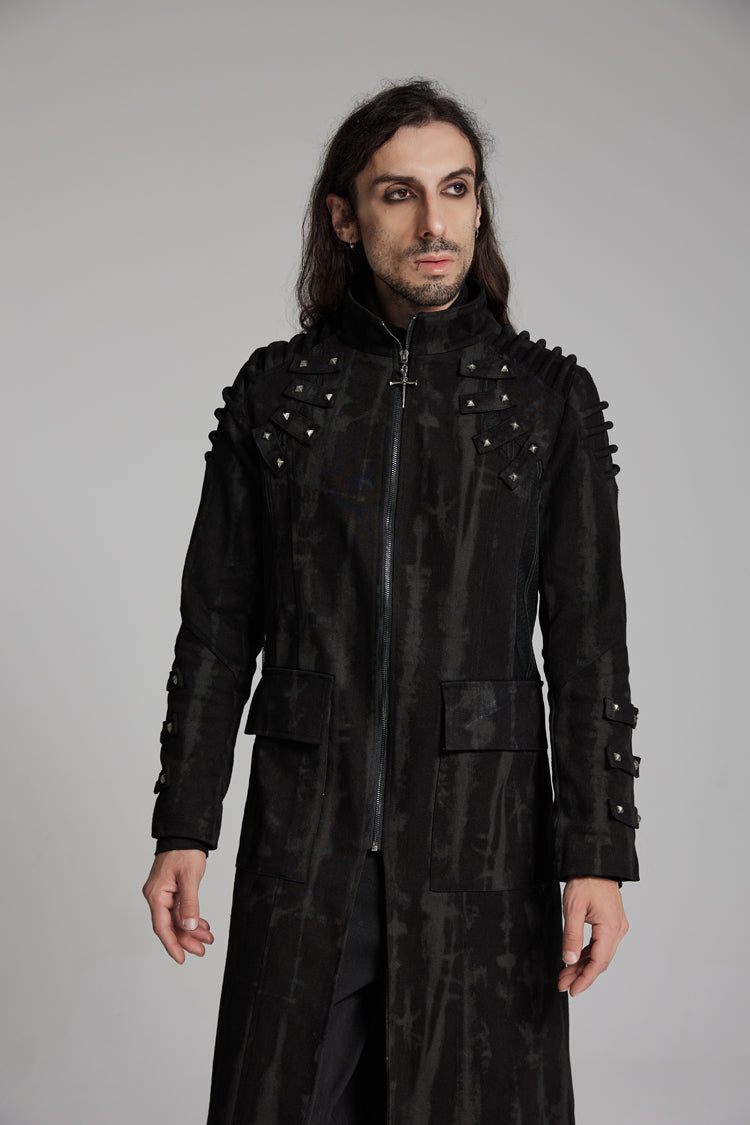 Black Stand Collar Long Sleeves Rivets Strap Zip Men's Punk Long Coat