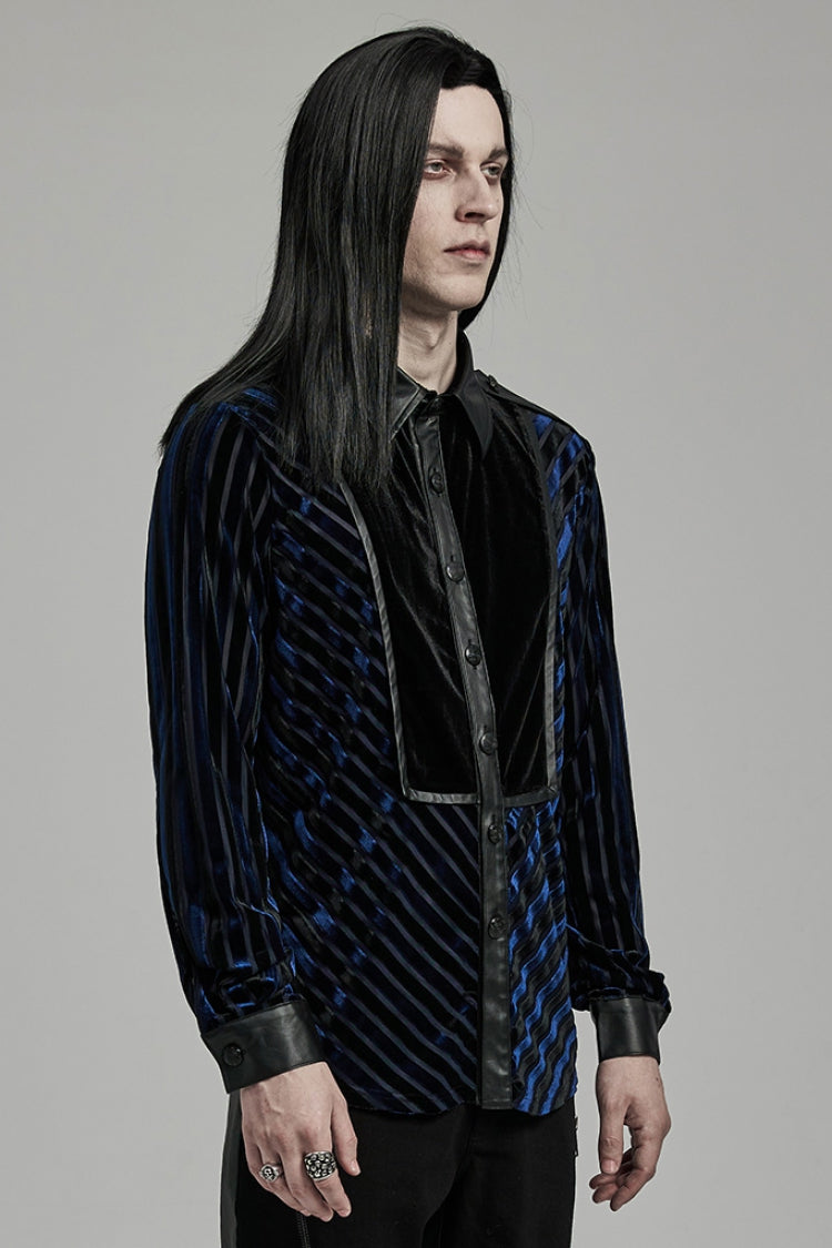 Black/Blue Lapel Collar Stitching Slim Men's Gothic Blouse