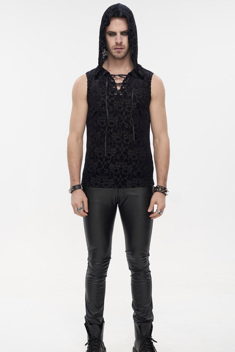 Black Punk Velvet Jacquard Chest Tie Sleeveless Hooded Men's Shirt