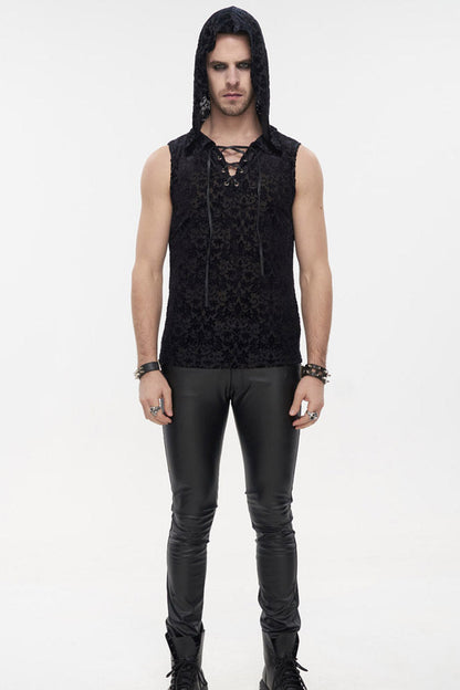 Black Punk Velvet Jacquard Chest Tie Sleeveless Hooded Men's Shirt