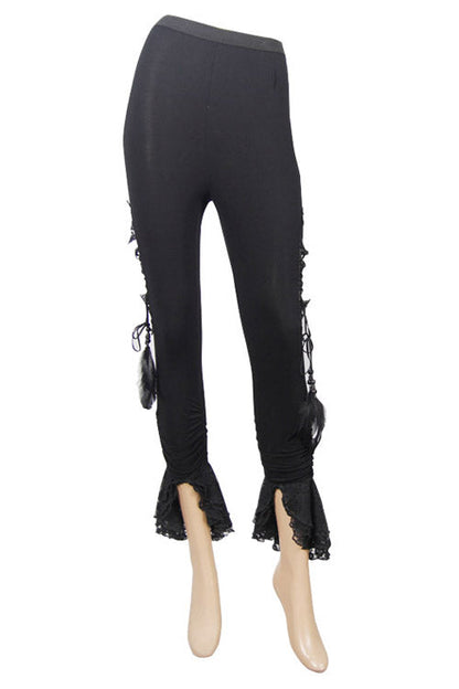 Black Side Hollow Out Lace Up Slit Lace Hem Gothic Womens Pants