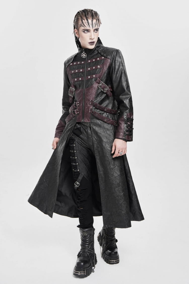 Black/Red Stand Collar Zipper Straps Eyelet Men's Punk Coat