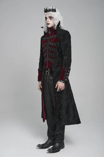 Black/Red Diamante Stand Collar Long Sleeves Printed Zippered Men's Gothic Long Coat