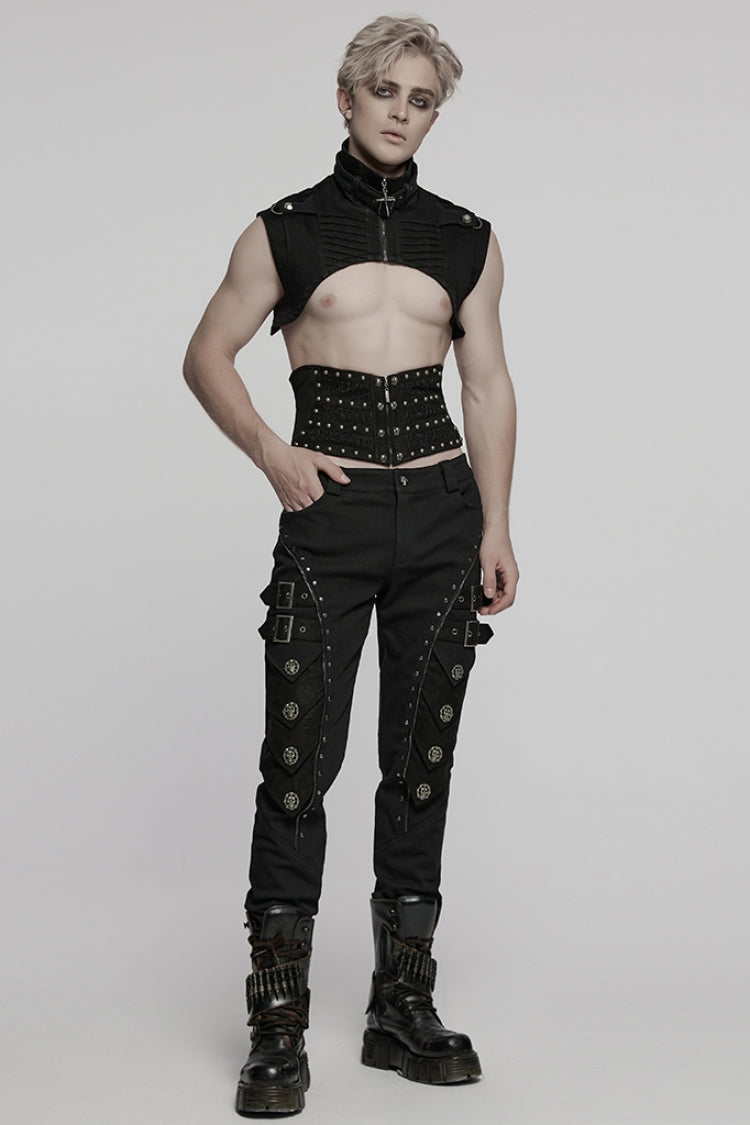 Black Stand Collar Sleeveless Rivet Zipper Men's Punk Cape