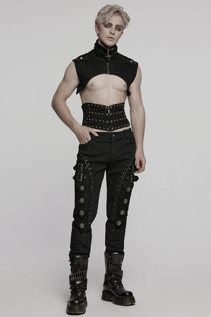 Black Stand Collar Sleeveless Rivet Zipper Men's Punk Cape