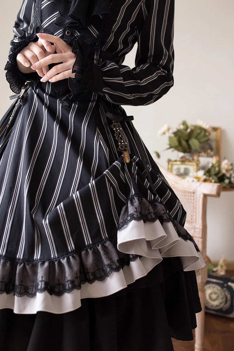 Black Stand Collar Long Sleeves Multi-layer Striped Print Ruffle Gothic Lolita Dress