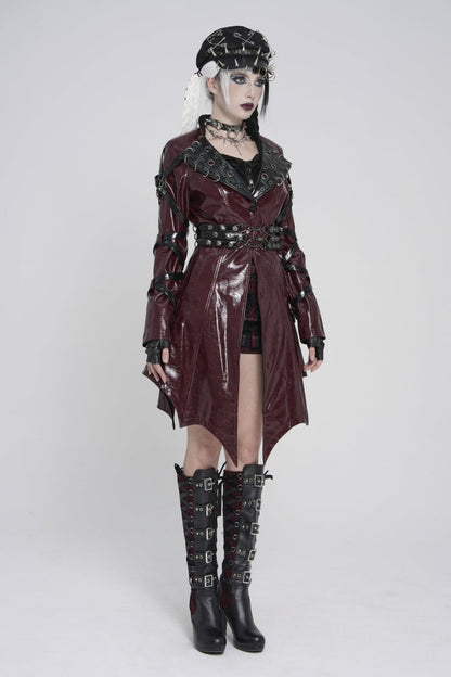 Red Lapel Collar Long Sleeves Lace-Up Irregular Eyelets & Rings Women's Punk Coat
