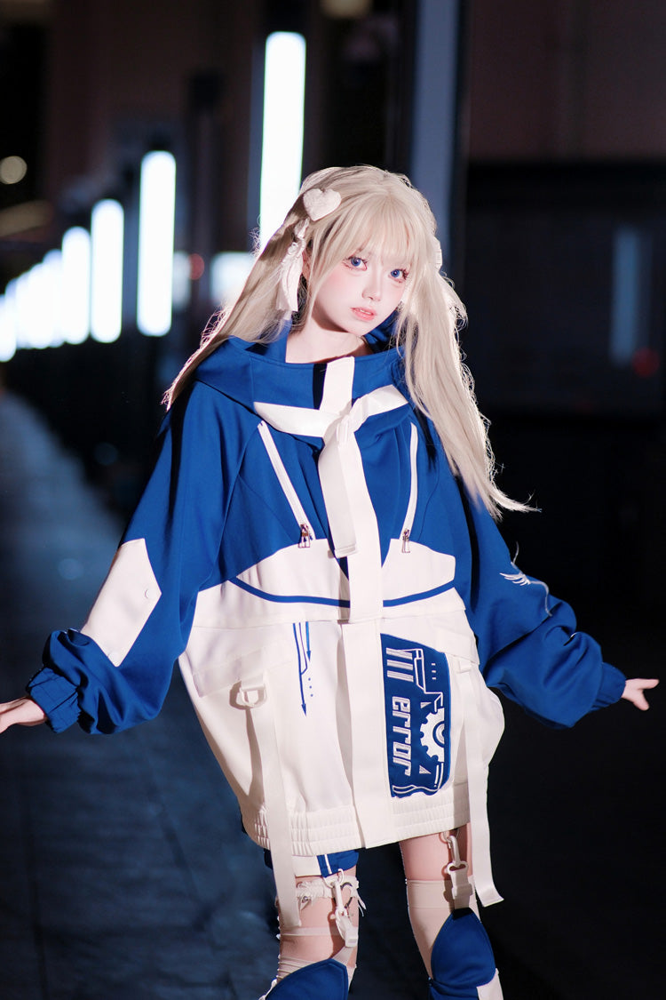 White/Blue [Zero-Type Transformation] Techwear Long Sleeves Embroidered Hooded Punk Jirai Kei Shorts Coat Set