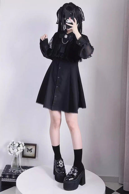Black Shawl Lace Chiffon Long Sleeves Lace Slim Jirai Kei Dress