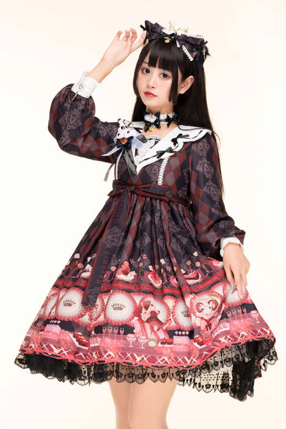 Black [Afternoon Fantasia] Long Sleeves Print Ruffle Bowknot Sweet Lolita Jsk Dress