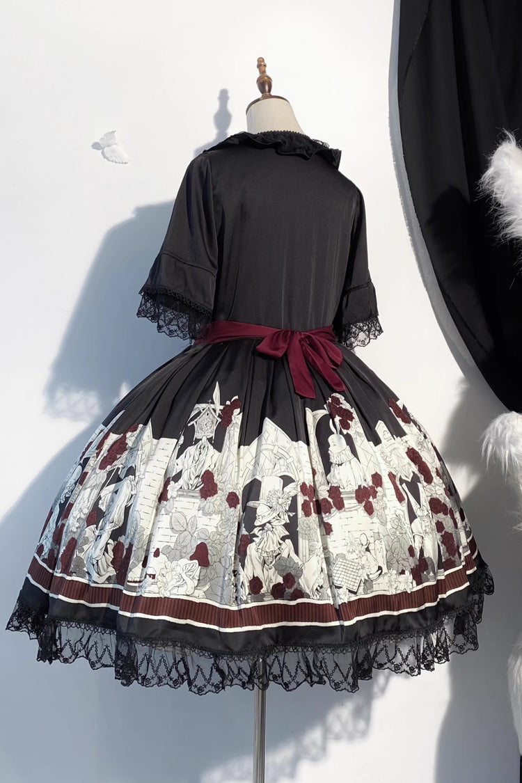 Black [Alice of the Asylum] Print Bowknot Lace Gothic Lolita Dress 2 Versions