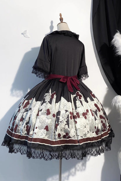 Black [Alice of the Asylum] Print Bowknot Lace Gothic Lolita Dress 2 Versions