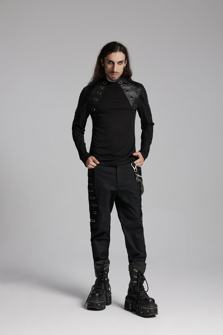 Black Round Collar Long Sleeves Mesh Pleated Loop Men's Punk Blouse