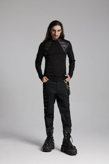 Black Round Collar Long Sleeves Mesh Pleated Loop Men's Punk Blouse