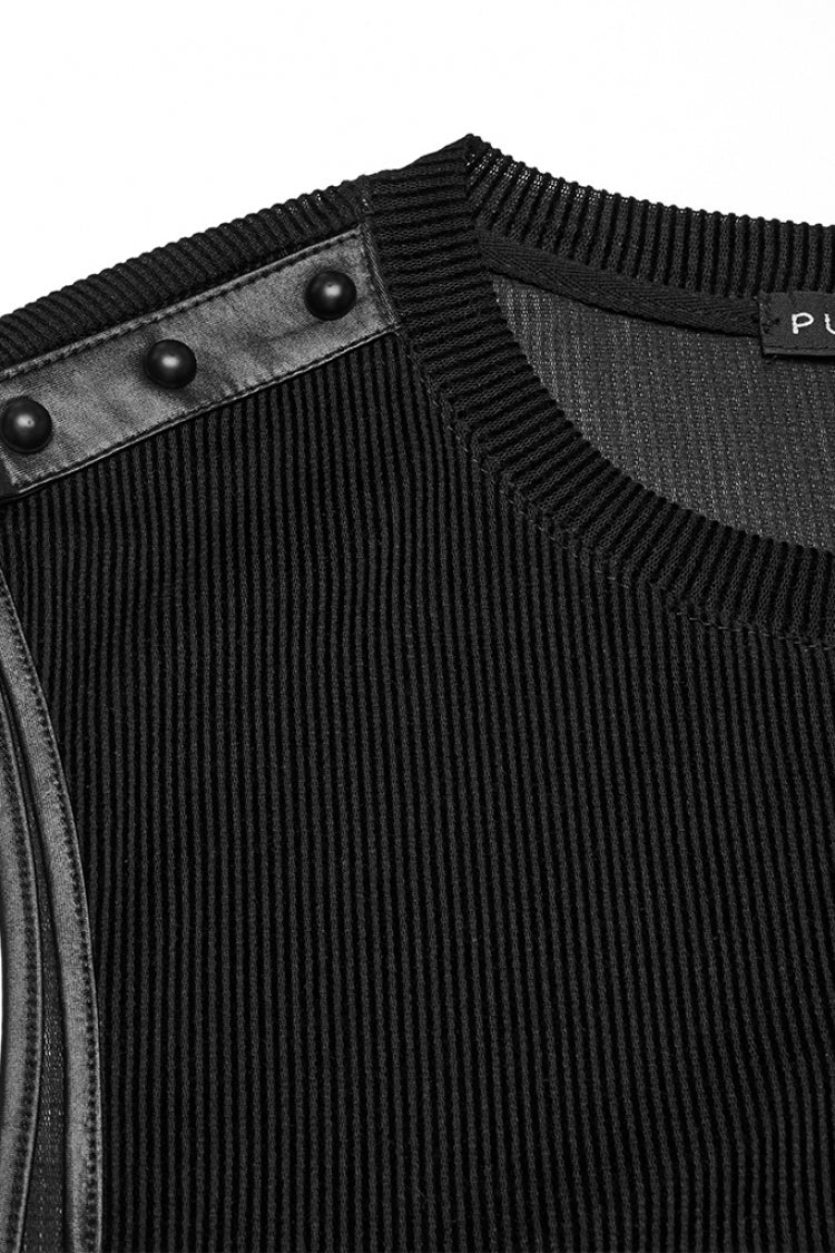 Black Round Collar Sheer Mesh Color Matching Rivet Men's Punk Vest