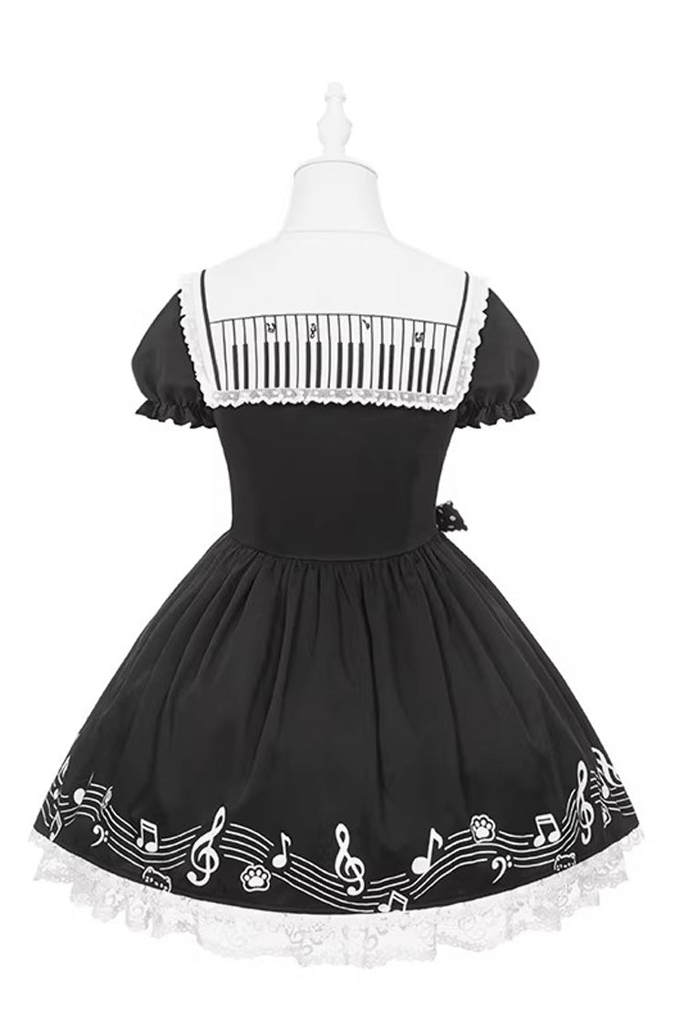 Black [Melody Kitty] Doll Collar Short Sleeves Ruffled Embroidered Bow Lace Sweet Lolita Dress