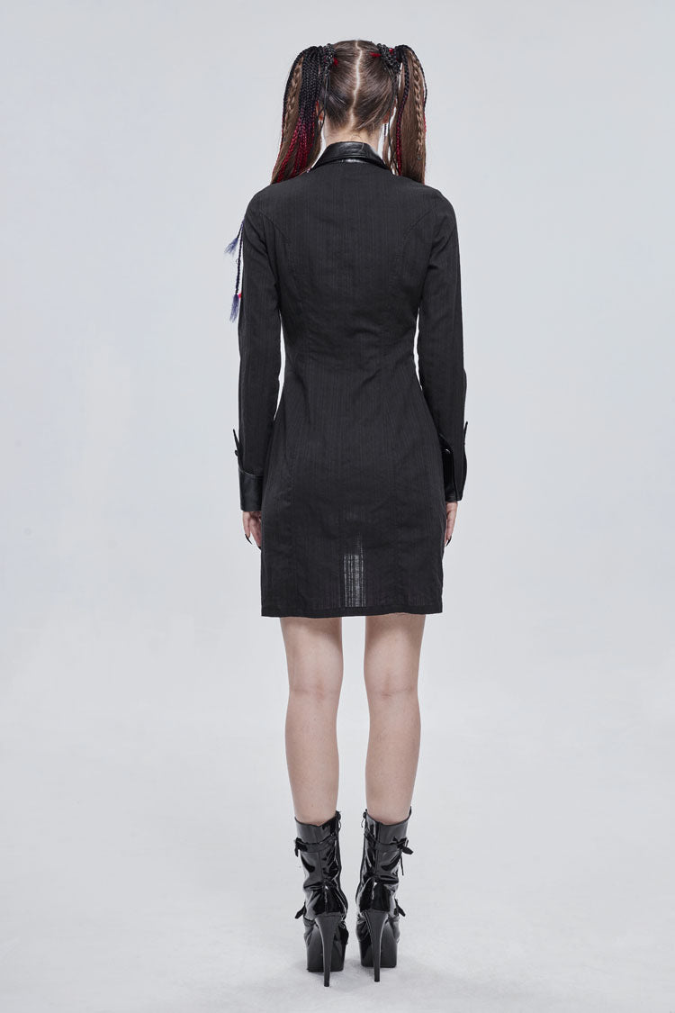 Black Vertical Suture Texture Leather Metal Buckle Design Decoration Long Women's Punk Shirt