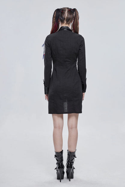 Black Vertical Suture Texture Leather Metal Buckle Design Decoration Long Women's Punk Shirt