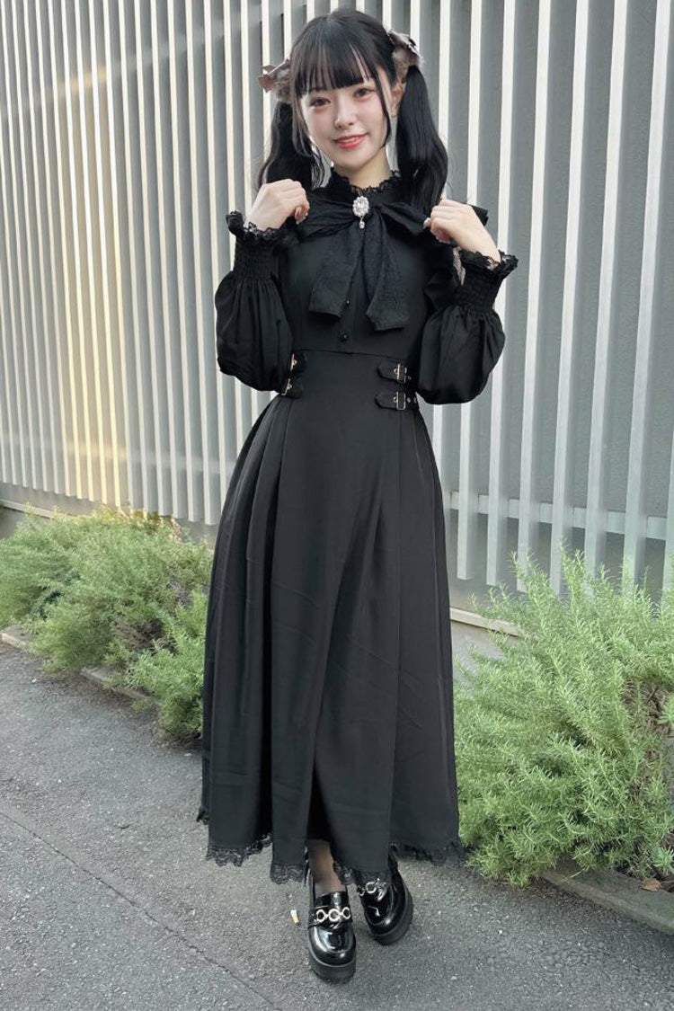 Black Stand Collar Off Shoulder Long Sleeves Hollow Bowknot Slim Jirai Kei Japanese Dress