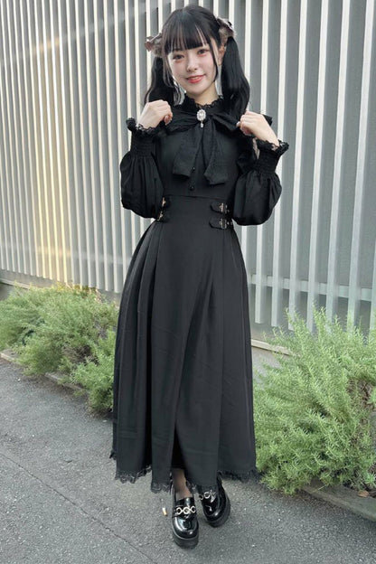 Black Stand Collar Off Shoulder Long Sleeves Hollow Bowknot Slim Jirai Kei Japanese Dress