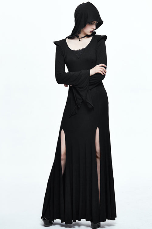 Black Sexy Stretchy Hooded Knitted Flared Sleeves Fishtail Womens Gothic Dress