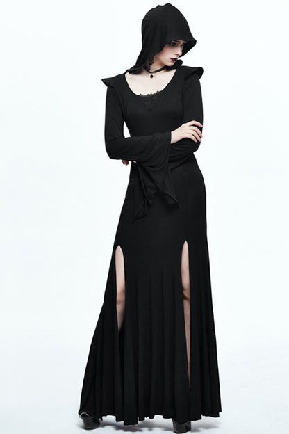 Black Sexy Stretchy Hooded Knitted Flared Sleeves Fishtail Womens Gothic Dress