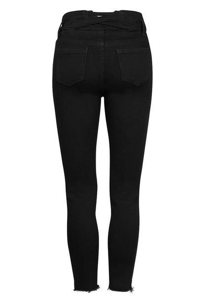 Black Triangular Metal Decorative Sheet Back Crossed Straps Tight Fit Punk Women's Denim Pants
