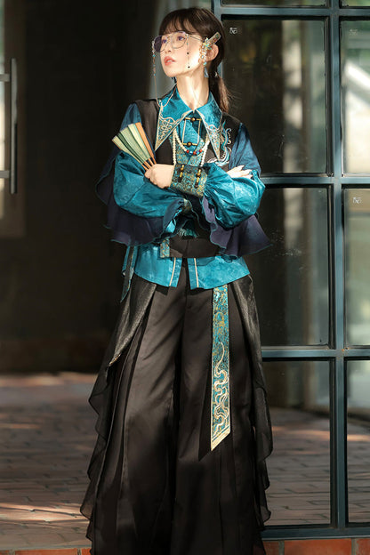 Black/Green Round Collar Long Sleeves Ruffle Embroidery Chinese Style Vintage Handsome Ouji Lolita Set