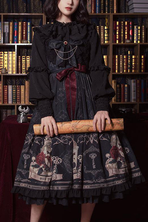 Black Nightingale Rose Print Bowknot Ruffled Strapless Gothic Lolita JSK Dress