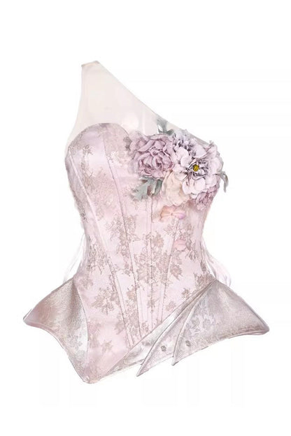 Pink [Moonlight Beast Spirit] Elf-style One-shoulder Printed 3D Floral Asymmetric Fishbone Sweet Corset