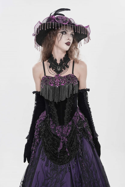 Black/Purple Lace-Up Women's Gothic Embroidered Tassels  Overbust Corset