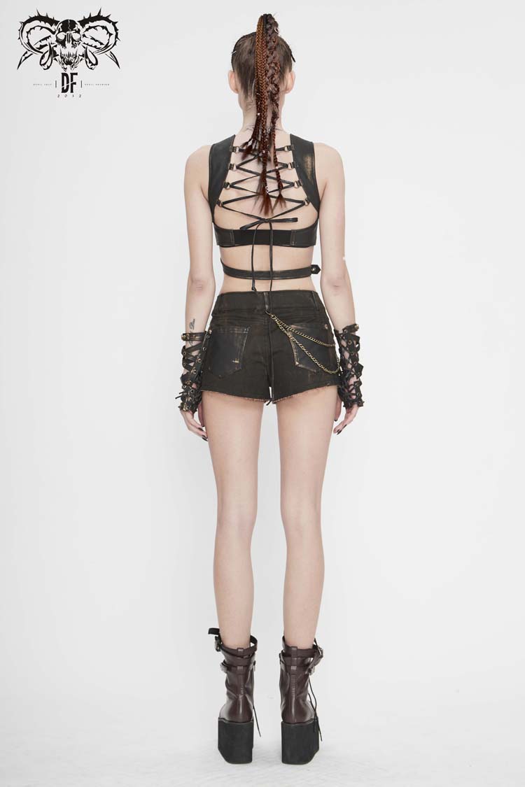 Brown Vintage Hand Wiped Leather Shoulder Loop Backless Lace Up Short Women's Punk Waistcoat