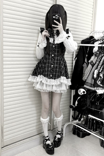 Black [Lunar Eclipse Doll] Long Sleeves Plaid Printed Ruffled Bow Lace Sweet Jirai Kei Japanese Dress Shorts Set