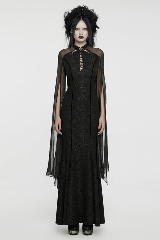 Black Cheongsam Collar Chiffon Stitching Ripped Women's Gothic Dress