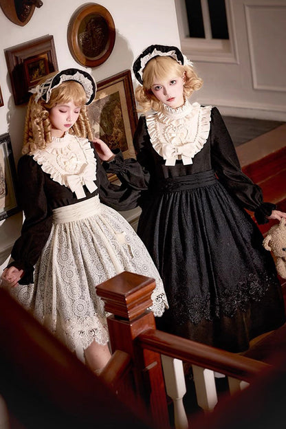 Black [Twilight Choir] Long Sleeves Bowknot Lace Sweet Vintage Lolita Dress 2 Versions