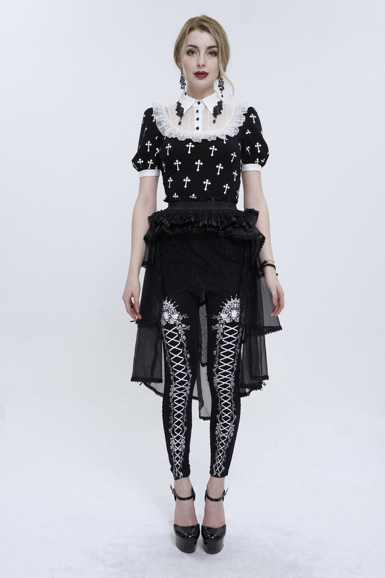 Black/White Cross Printed Chest Paneled Chiffon With Lace Collar Applique? Lace Strap Pendant Women's Punk Shirt