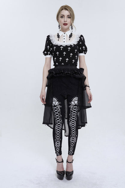 Black/White Cross Printed Chest Paneled Chiffon With Lace Collar Applique? Lace Strap Pendant Women's Punk Shirt