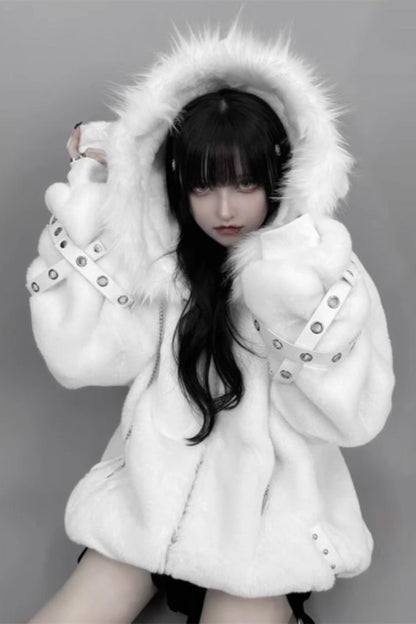 White Long Sleeves Lamb Ears Hooded Rivet Punk Japanese Jirai Kei Coat