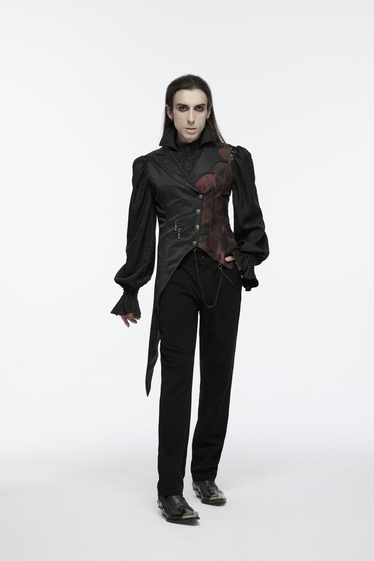 Black V Collar Sleeveless Embroidery Lace Asymmetric Men's Gothic Vest