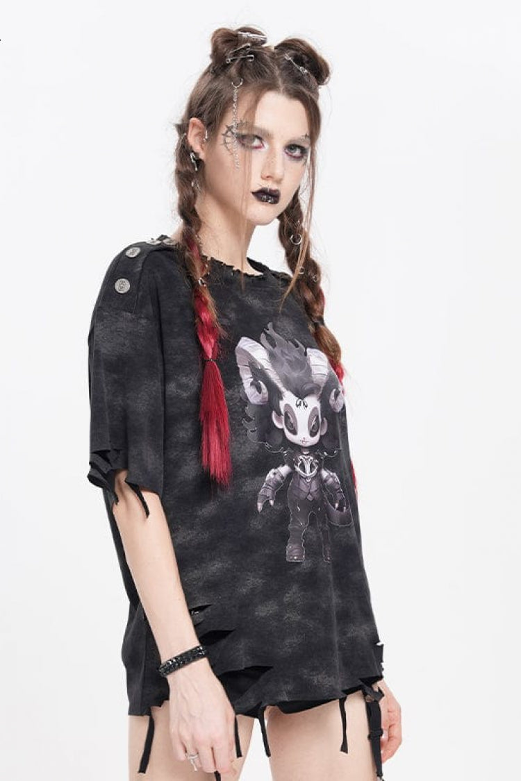 Black Short Sleeves Lilimar Print Ripped Women's Punk T-Shirt