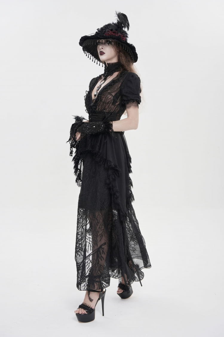 Black V Collar Short Sleeves Hanayome Lace Women's Gothic Wedding Dress