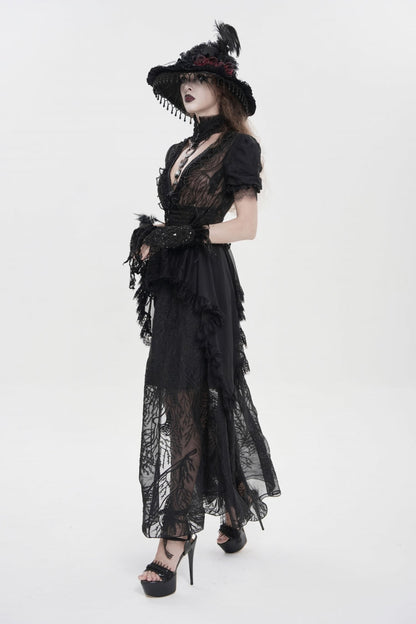 Black V Collar Short Sleeves Hanayome Lace Women's Gothic Wedding Dress