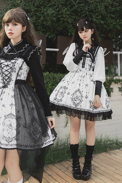 Black/White Long Sleeves Lace Ruffle Butterfly Magic Print Gothic Lolita OP Dress