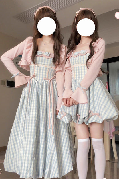 Blue [Sea Salt Strawberries] Sleeveless Plaid Print Bowknot Sweet Lolita Jsk Short Dress