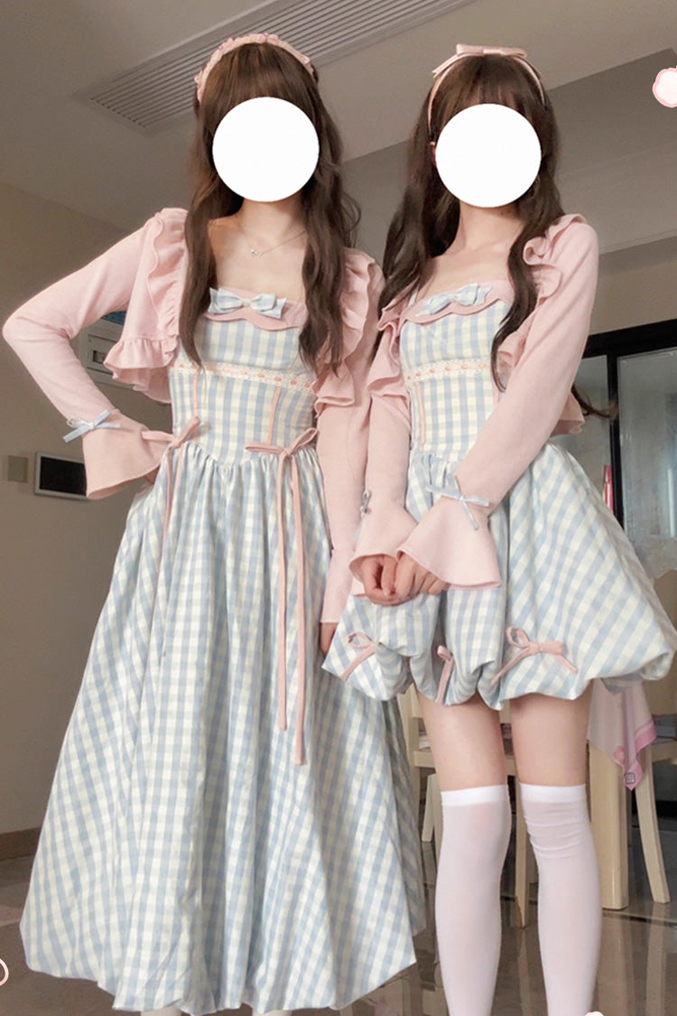 Blue [Sea Salt Strawberries] Sleeveless Plaid Print Bowknot Sweet Lolita Jsk Long Dress
