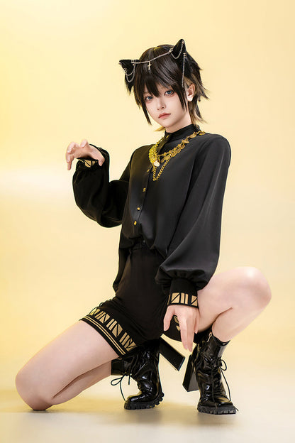 Black [Black Cat] Long Sleeves Print Embroidery Ouji Gothic Prince Handsome Lolita Blouse