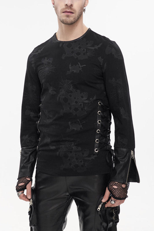 Black Punk Long Sleeve Knit Broken Holes Spider Web Print Crew Neck Men's Shirt